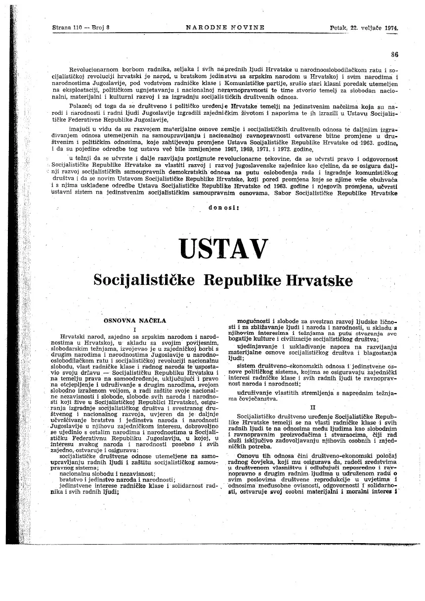 Defiinicija Hrvatske i pravo na samoodređenje i odcjepljenje hrvatskog naroda u Ustavu Socijalističke Republike Hrvatske iz 1974. Izvor: Narodne novine