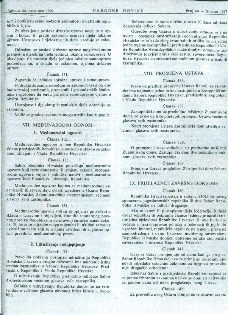 Navođenje „prava na razdruživanje (odcjepljenje)“ u čl. 135 Ustava RH iz 1990. Izvor: Narodne novine