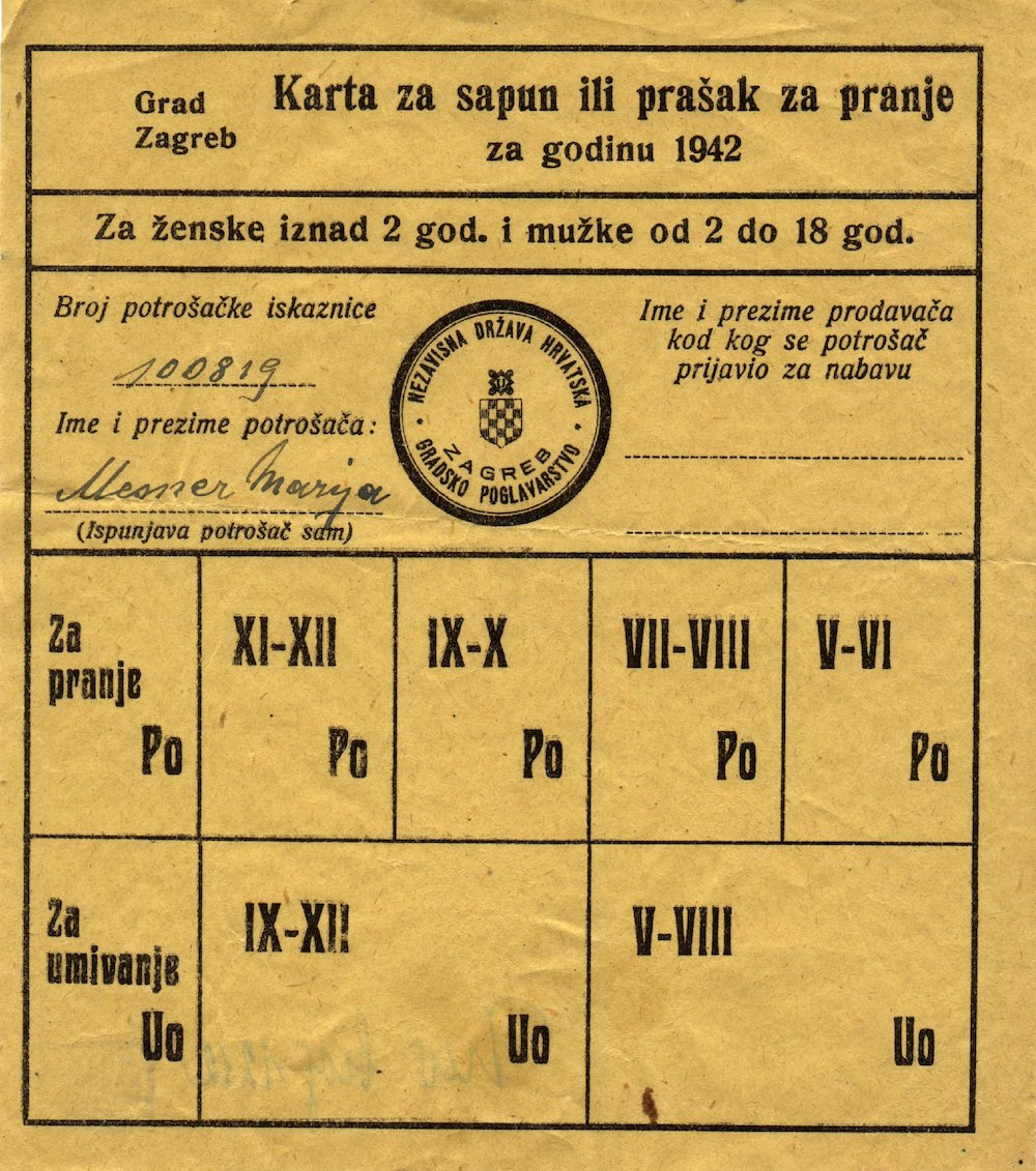 Karta za sapun ili prašak za pranje za 1942. godinu, grad Zagreb (Vladimir Geiger, Zagreb)