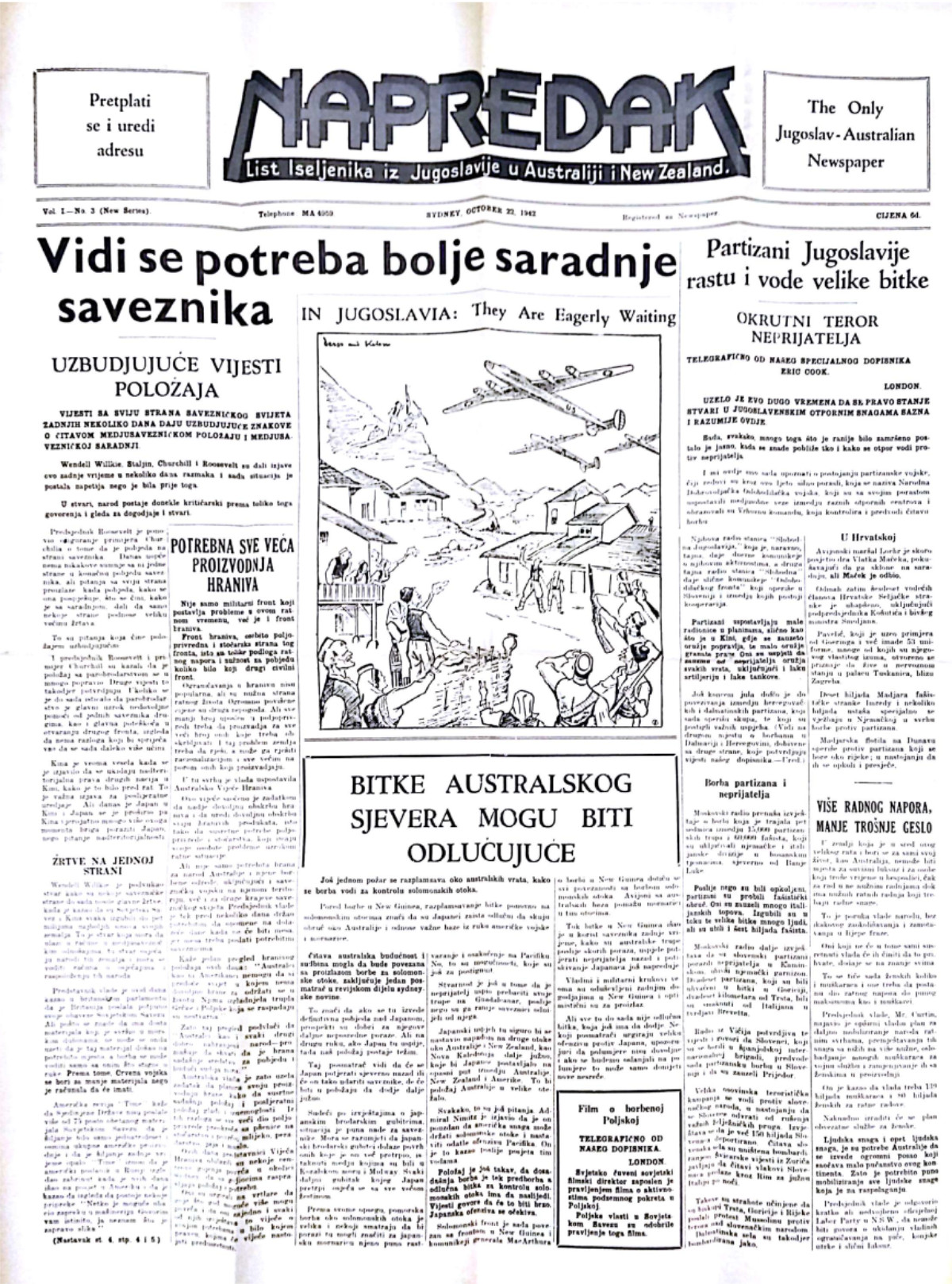 Napredak – jedini iseljenički list u Australiji i Novom Zelandu za vrijeme Drugog svjetskog rata. Naslovnica od 22. 10. 1942. s komentarom aktualnosti.