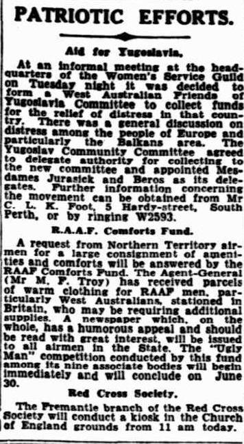 Novinski članak o organizaciji prikupljanja pomoći za Jugoslaviju, The West Australian, 5. 5. 1944., str. 3. (https://trove.nla.gov.au/newspaper/article/44808367?searchTerm=patriotic%20efforts%20aid%20for%20yugoslavia)