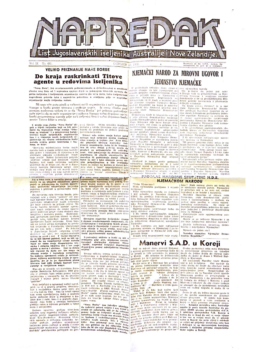 Napredak – naslovnica jedinog lista iseljenika u Australiji od 13. 10. 1951., s osudom svih koji podržavaju Tita.