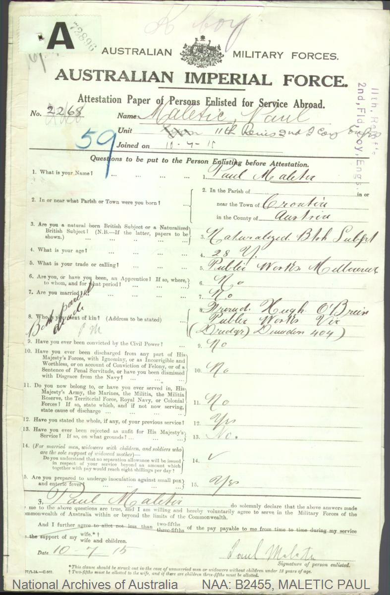 Maletić Paul, hrvatski iseljenik, služio u australskoj vojsci u Prvom svjetskom ratu (National Archives of Australia, (https://recordsearch.naa.gov.au/SearchNRetrieve/Interface/DetailsReports/ItemDetail.aspx?Barcode=8213502&isAv=N)