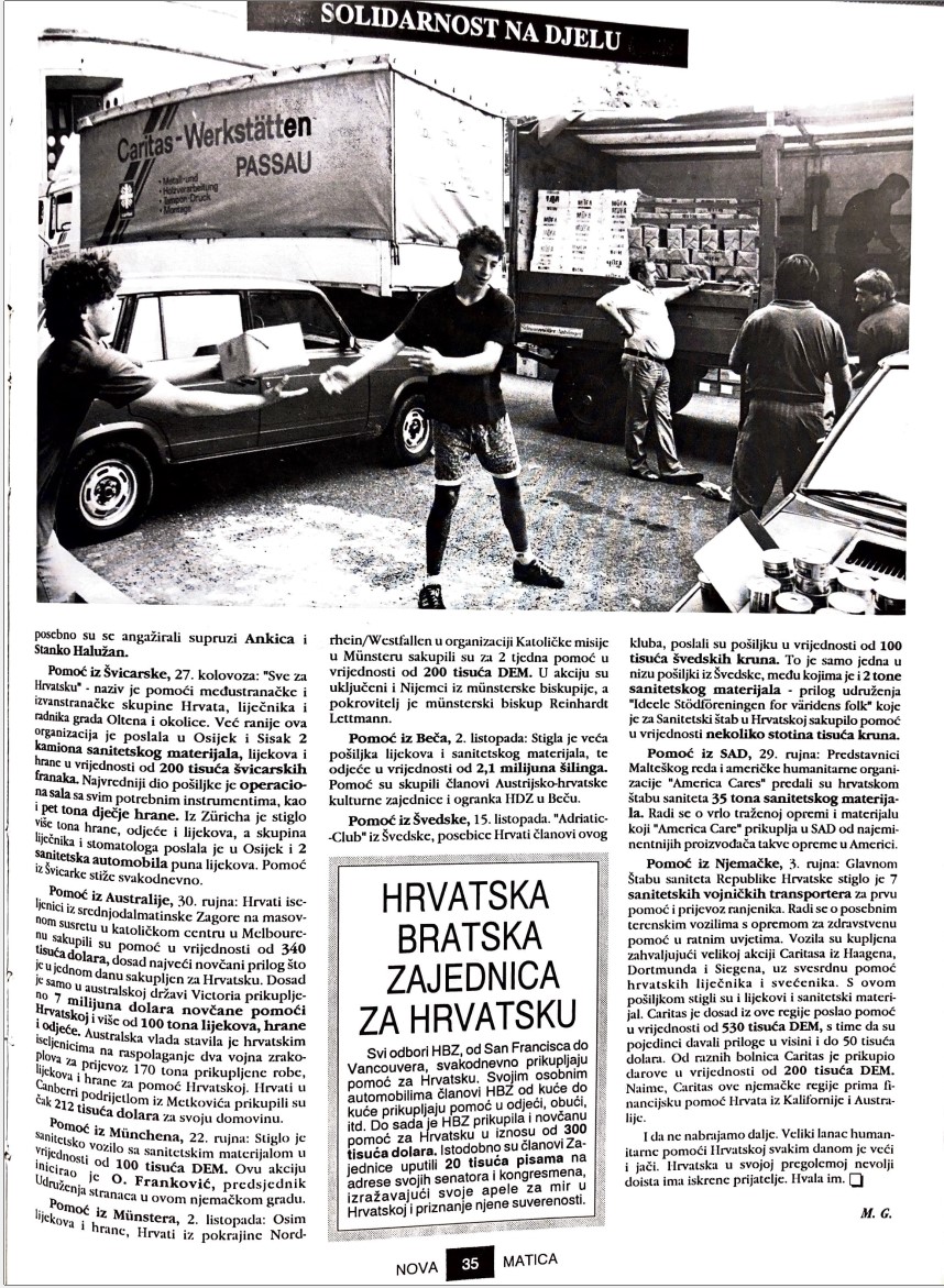 Prikupljanje humanitarne pomoći za Hrvatsku, Nova Matica, br. 8-9, 1991., str. 35.