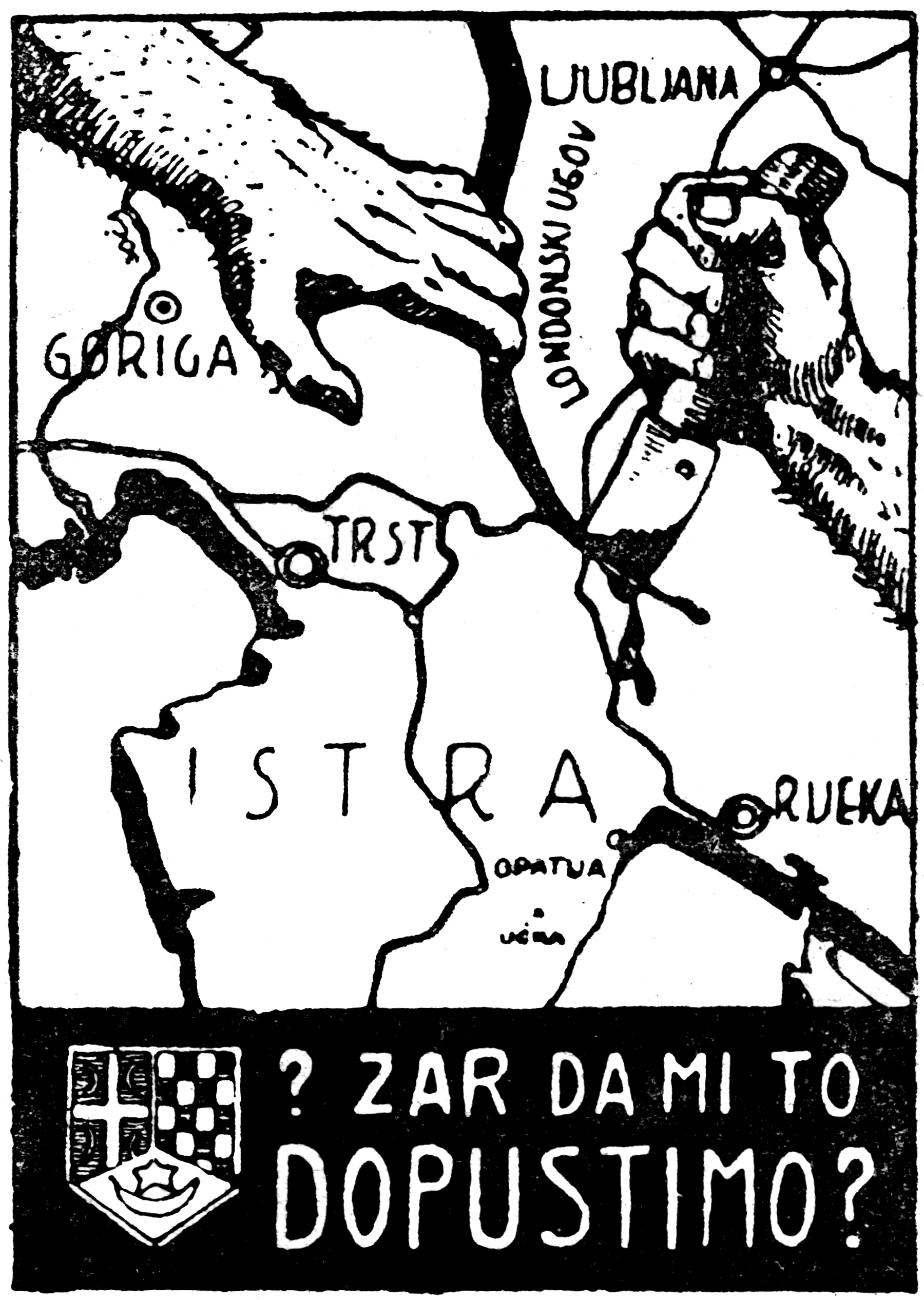 O nezadovoljstvu u hrvatskoj javnosti izazvanoj Rapallskim ugovorom govori i ova karikatura objavljena u tjedniku Dom i svijet potkraj 1920. godine. Izvor. Knjižnica Hrvatskoga instituta za povijest.