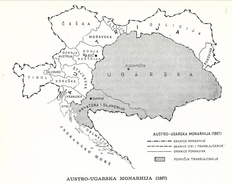 Povijesni zemljovid Austro-Ugarske Monarhije 1867. Preuzeto iz: Gross, Mirjana, Igor Karaman, Dragovan Šepić i Jaroslav Šidak. Povijest hrvatskog naroda 1860–1914. Zagreb: Školska knjiga, 1968., str. 42.