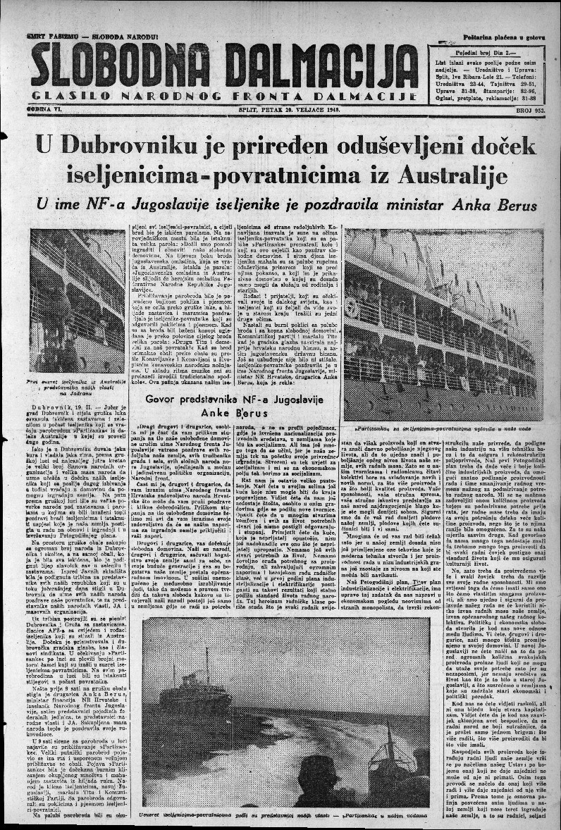 Vijest o povratku iseljenika iz Australije, Slobodna Dalmacija, Split, 20. 2. 1948.