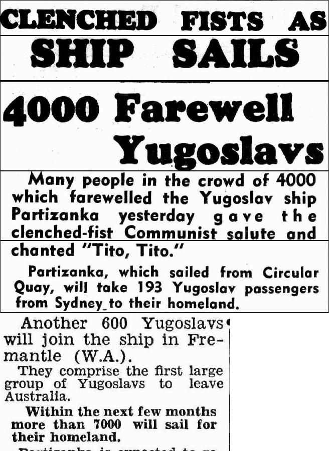 Vijest o odlasku doseljenika iz Australije, The Daily Telegraph, 20. 1. 1948. https://trove.nla.gov.au/newspaper/article/248282173?searchTerm=4000%20farewell%20yugoslavs 