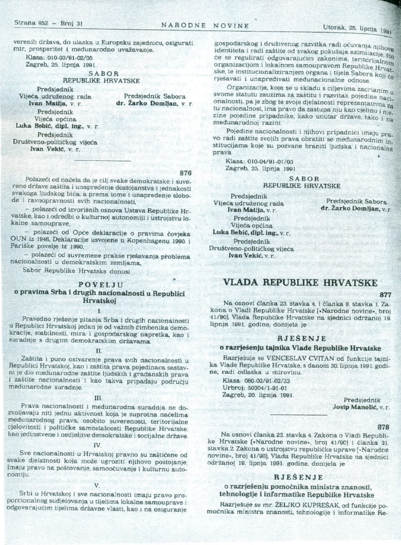 Povelja o pravima Srba i drugih nacionalnosti u Republici Hrvatskoj. Izvor: Narodne Novine, br. 31, 25. lipnja 1991.