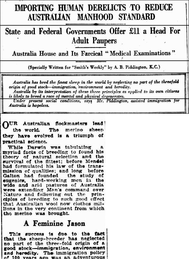 Izrazito negativna karakterizacija nepoželjnih useljenika bio je dio protuiseljeničke propagande, Smiths's Weekly, 27. 9. 1924., str. 9.  https://trove.nla.gov.au/newspaper/article/234427914?searchTerm=importing%20human%20derelicts