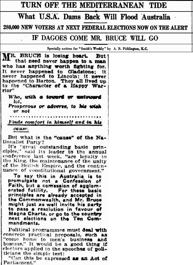 Postrožavanje useljeničkih kvota u SAD-u potaknulo je protuuseljeničku propagandu u drugim velikim useljeničkim društvima, Smiths's Weekly, 4. 10. 1924., str. 13. https://trove.nla.gov.au/newspaper/article/234428941?searchTerm=turn%20off%20the%20mediterranean%20tide