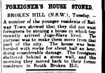 Vijest o kamenovanju kuće hrvatskih useljenika, The Argus, 17. 12. 1924., str. 24. https://trove.nla.gov.au/newspaper/article/2087660?searchTerm=foreigners%20house%20stoned