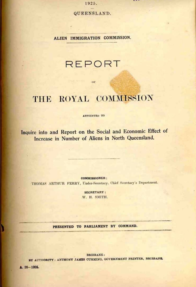 Prva stranica izvješća kraljevske komisije o utjecaju nekontroliranog doseljavanja „nepoželjnih“ nacija na sjever Queenslanda (https://qsa-archivessearch.gaiaresources.com.au/items/ITM1448894) 