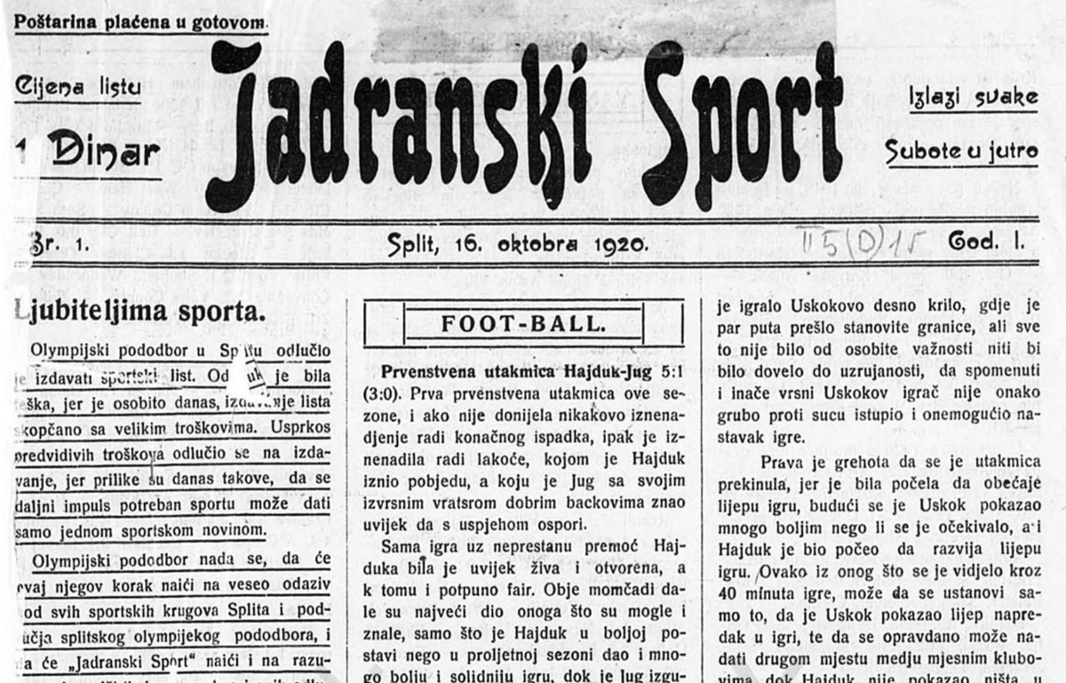 Naslovnica prvog broja Jadranskog sporta, Split, 1920. (Jadranski sport, god. I., br. 1, 1.)