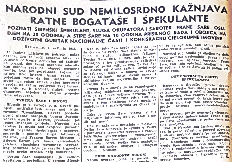 Presuda Stipi i Frani Šare. Izvor: Vjesnik, god. V, br. 20, 13. svibnja 1945., 4.