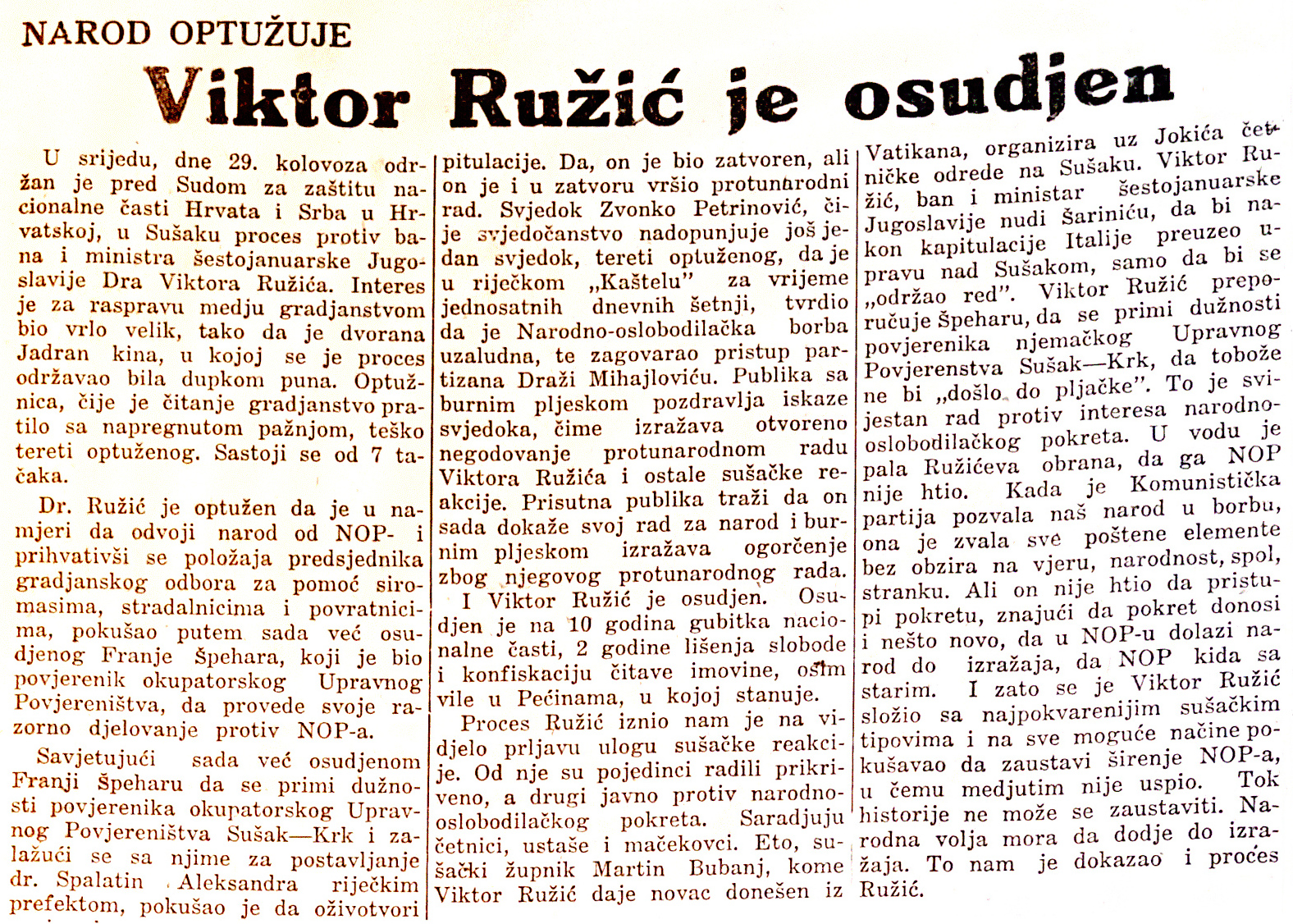 Presuda Viktoru Ružiću. Izvor: Primorski vjesnik, god. III, br. 194, 31. kolovoza 1945., 4.