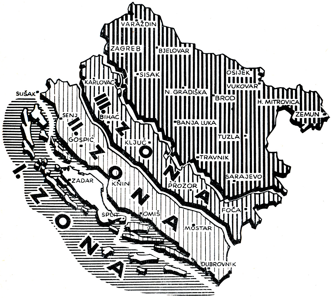 Italiji priključena (anektirana) područja te II. i III. talijanska zona u NDH prikazani na zemljovidu objavljenom u knjizi Vjekoslava Vrančića Urota protiv Hrvatske, Zagreb 1943. Izvor: Knjiga Vjekoslava Vrančića u posjedu autora.