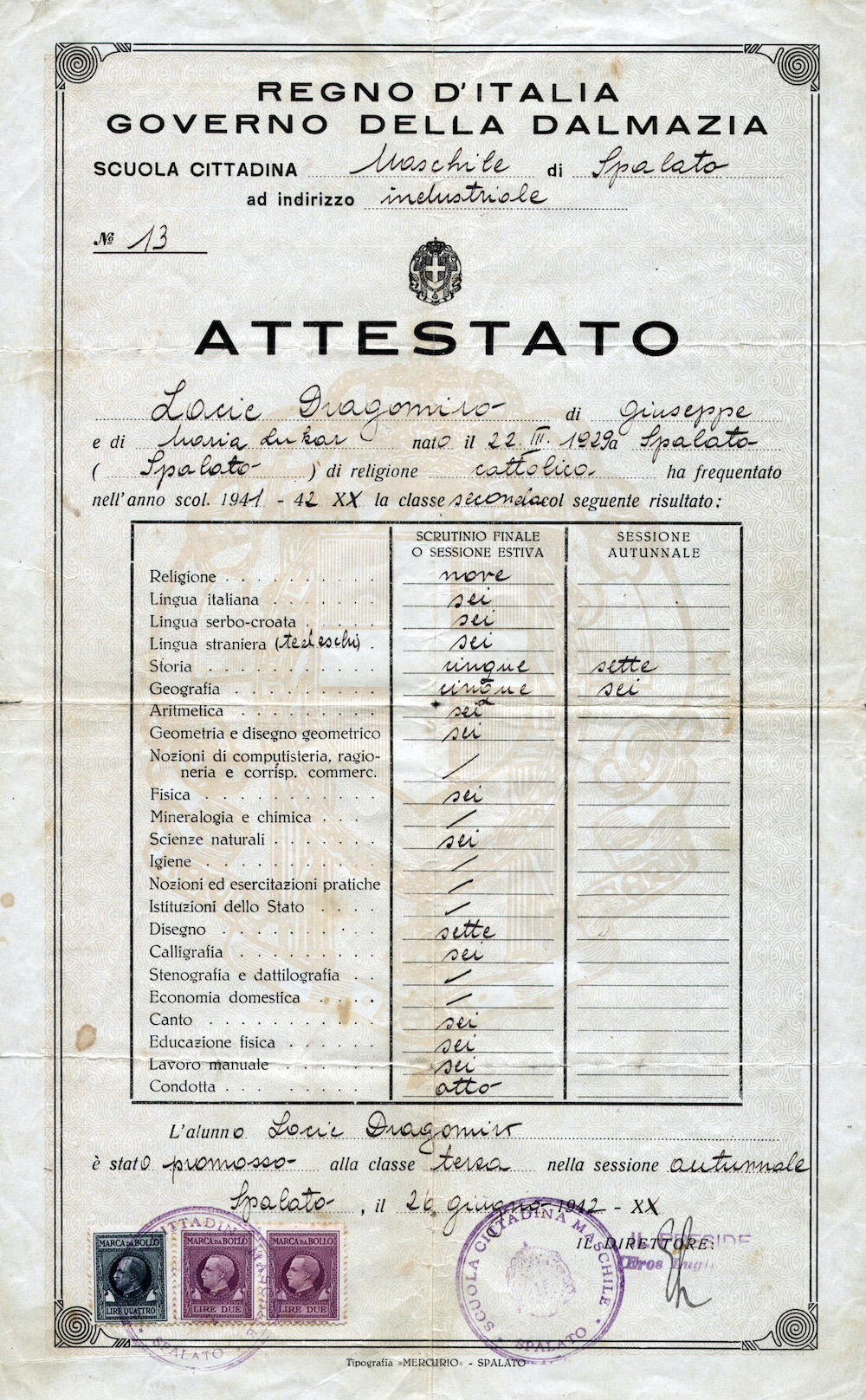 Svjedodžba iz 1942. učenika jedne splitske škole na talijanskom je jeziku, a kao obvezni jezik koji su hrvatski učenici učili bio je talijanski jezik. Hrvatski je jezik pak nazvan „srpsko-hrvatskim“ („Lingua serbo-croata“). Izvor: Svjedodžba u posjedu autora.