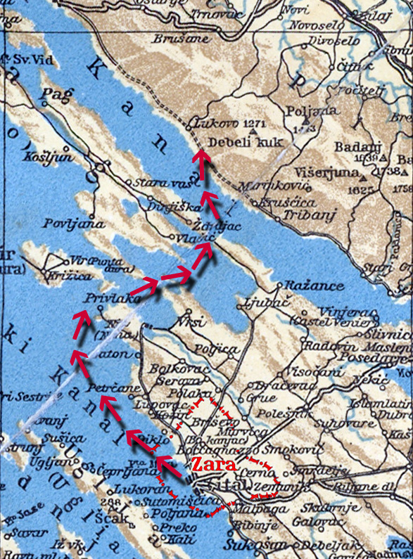 Pravac prebacivanja ustaških emigranata iz talijanskog Zadra do velebitskog Podgorja. Izvor: Zemljovid izradio autor M. Jareb.