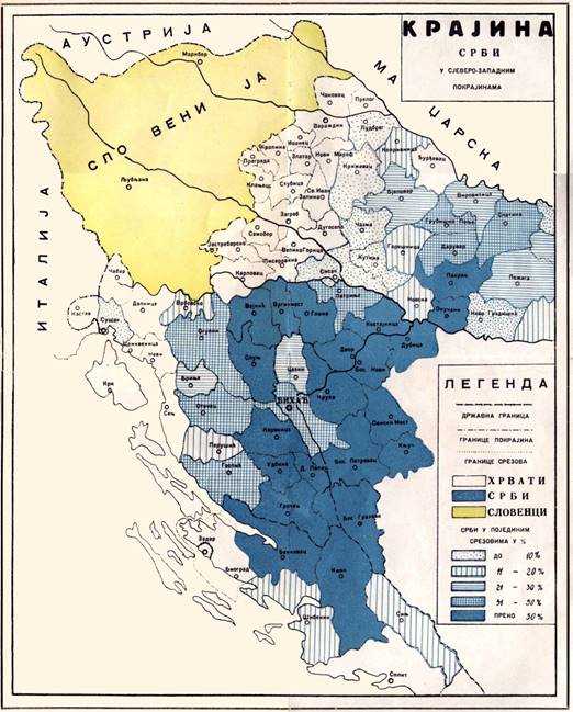 Zemljovid: Krajina – Srbi u sjevero-zapadnim pokrajinama; preuzeto iz: Mirko Valentić, Rat protiv Hrvatske 1991.-1995. (velikosrpski projekti od ideje do realizacije), Zagreb, 2010. (zemljovidi u dodatku knjige).