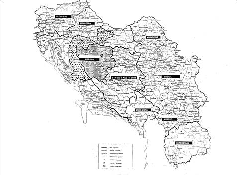 Zamišljena “federalna jedinica Krajina” (“SAO Krajina” i “Bosanska Krajina”), kao zapadni dio nove Jugoslavije (Ekonomski institut, Banja Luka, 1991.; M. Begić 2015: 32)